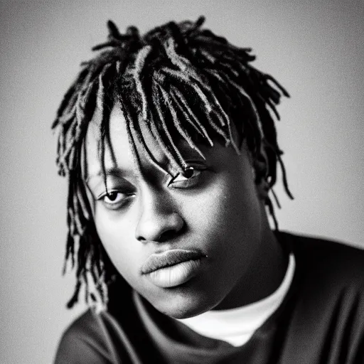 Prompt: the face of young juice wrld at 1 9 years old, black and white portrait by julia cameron, chiaroscuro lighting, shallow depth of field, 8 0 mm, f 1. 8