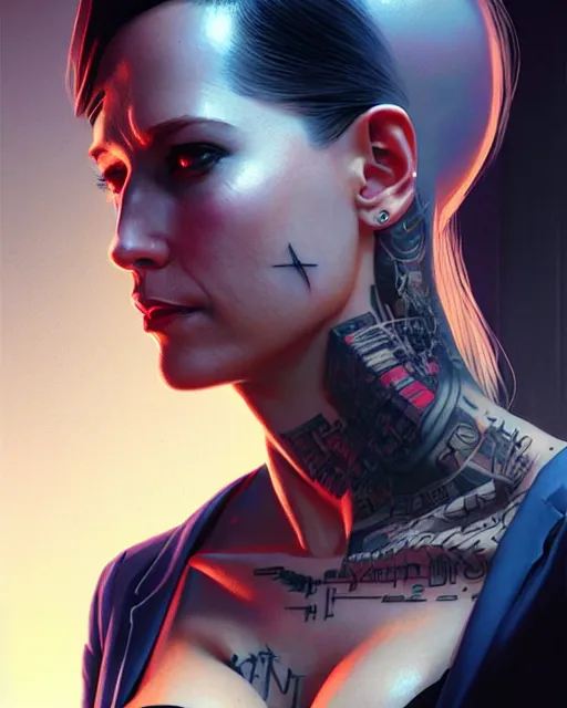 Image similar to cyberpunk corporate woman, covered in tattoos | | realistic shaded, fine details, realistic shaded lighting poster by greg rutkowski, diego gisbert llorens, magali villeneuve, artgerm, jeremy lipkin and rob rey