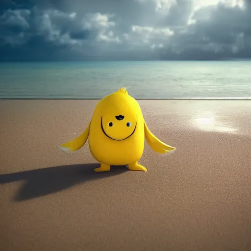 Prompt: a supercute cartoonnetwork lemon character, that is cute and good looking, it's is relaxing on a beach, dalle - 2 quality, octane render, 3 d, volumetric lightening,