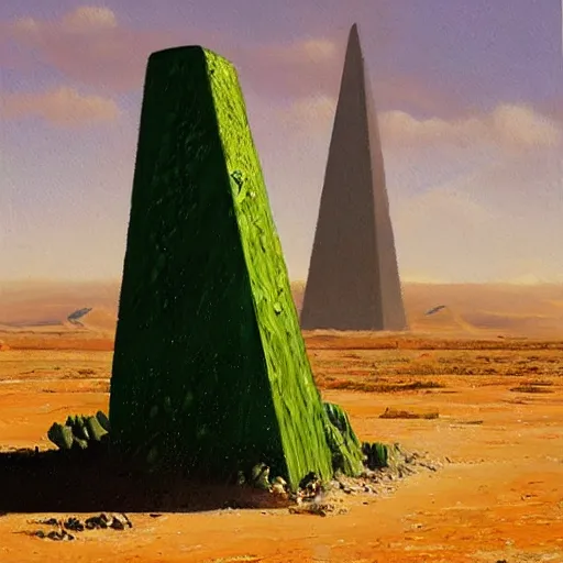 Image similar to A very highly detailed oil painting by Greg Rutkowski of a tall green obelisk made of crystals, glowing bright green in the middle of a very sandy desert.