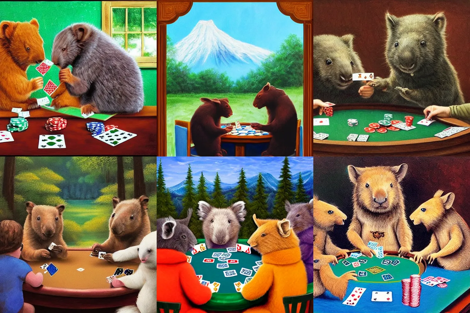 Prompt: wombats playing poker by bob ross