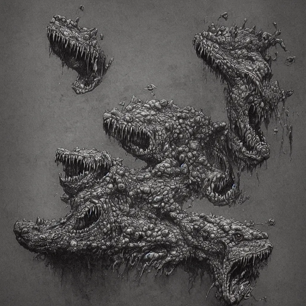 Image similar to horrifying crocodile creature, necromorph, in the style of zdislaw beksinski