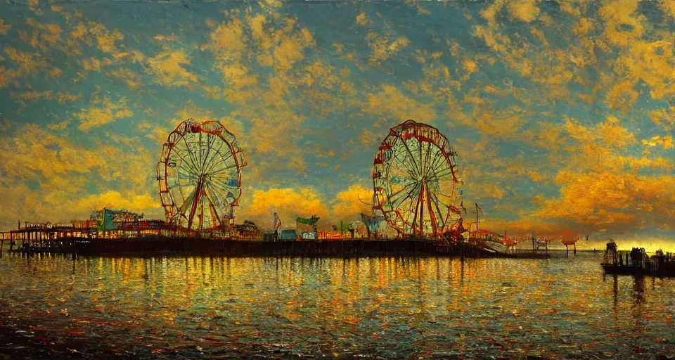 Image similar to beautiful oil painted landscape of Coney Island and wonder wheel, ocean with flowy clouds dreamy painted by Halil Ural and John Atkinson Grimshaw trending on artstation