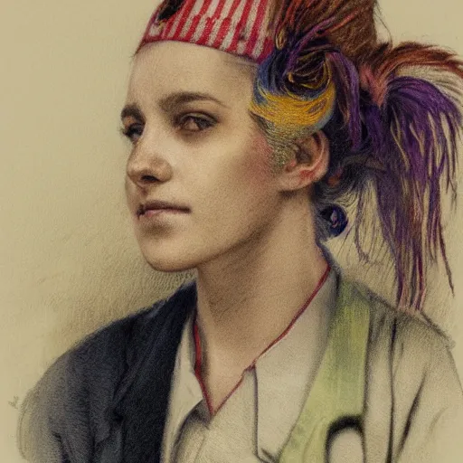 Prompt: clowncore pastel punk young hospital nurse wearing stylish uniform. detailed, portrait, 8 k, artwork by jean - baptiste monge