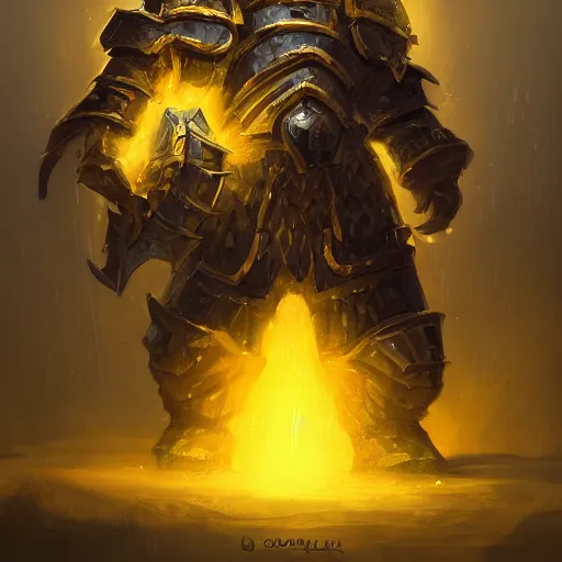 Image similar to yellow heavy armored knight with the head of a lion, lion head, epic fantasy style, in the style of Greg Rutkowski, hearthstone artwork