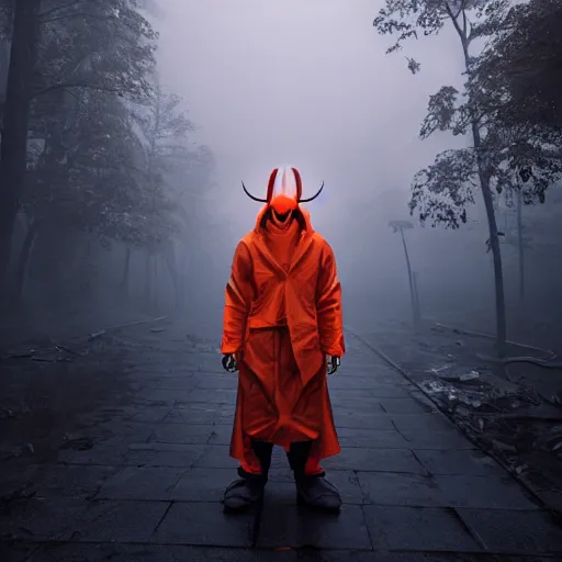 Image similar to villain wearing a red oni mask, orange jacket, dark background, unreal engine 5, ultra realistic, detailed, fog, volumetric lighting, by greg rutkowski,