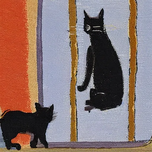 Image similar to sad black cat outside clawing at window, by Tom hammick