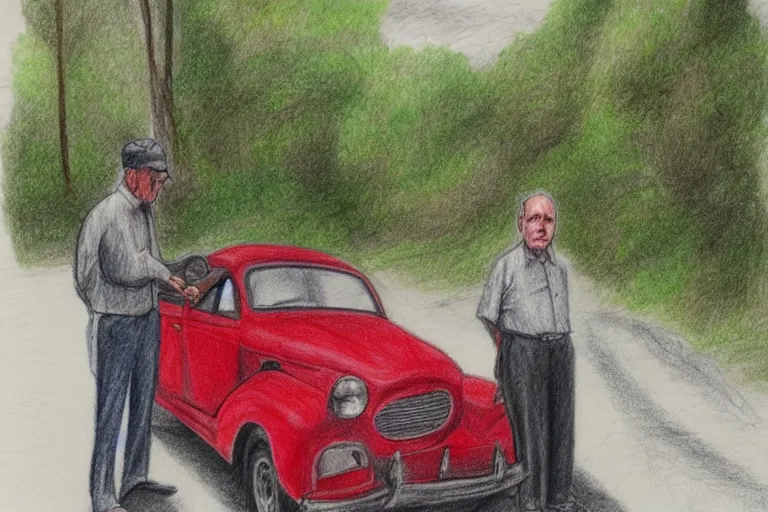 Prompt: old man standing next to a small red car parked on a forest road, detailed pencil drawing, partly colored