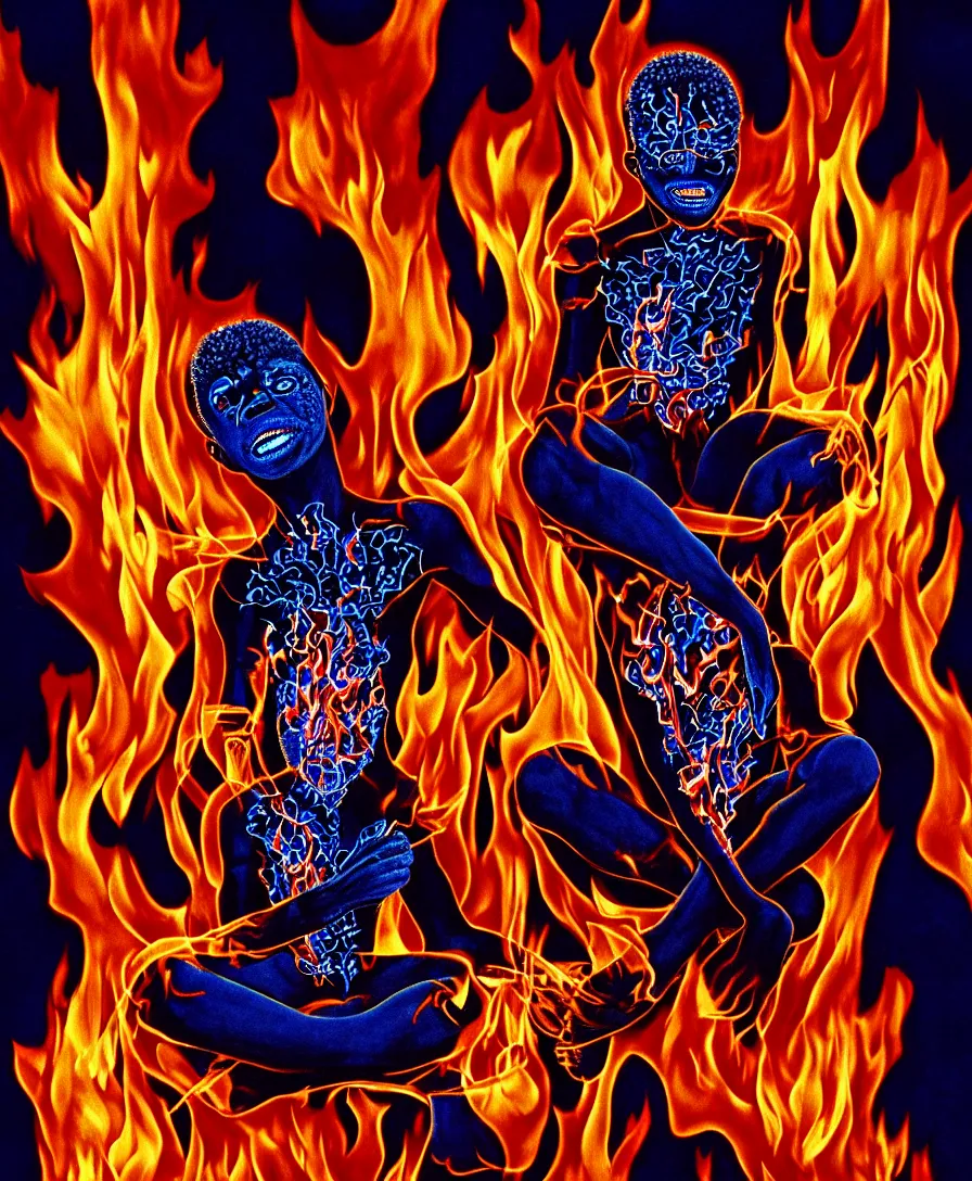 Prompt: a realistic photograph of a black boy left all alone in blue demon flames strangled by his thoughts, sitting in the middle of iridescent fungal, extremely detailed, 8 k