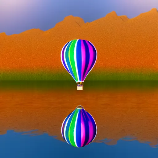 Prompt: A 3D render of a rainbow colored hot air balloon flying above a reflective lake