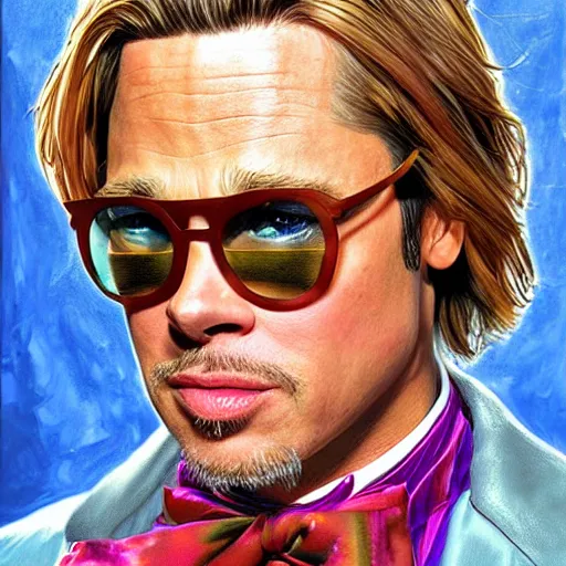 Prompt: portrait of brad pitt as Willy Wonka, very detailed, hyperrealistic, high quality, painting by Glenn Fabry, by Joao Ruas