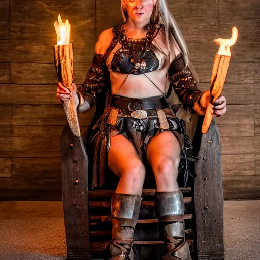 Prompt: photo shoot pose photo of the viking female warrior on the viking wooden throne in the dark wooden viking palace lobby, femine attractive symmetrical face, big eyes and lips, beautiful clean face and body skin, brutal joyful face expression, wears ornamental jewelry and bikini, torches alit in the background, depth of field, lens flare, moody lighting, moody photography, old photo, black and white, sepia, cinematic lighting, cinematic angle, editorial photography,award-winning