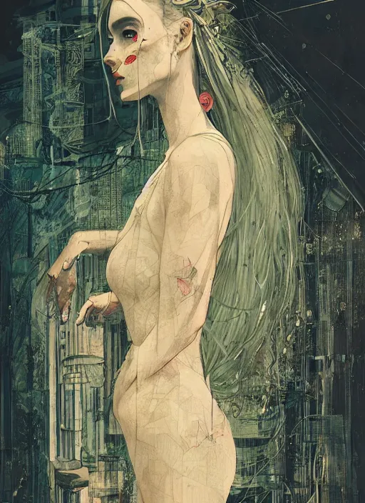 Prompt: women wearing gown, eun emerging from renaissance italy into a cyberpunk mutiversal realm by conrad roset, nicola samuri, dino valls, m. w. kaluta, jakub rebelka, rule of thirds, seductive look, beautiful