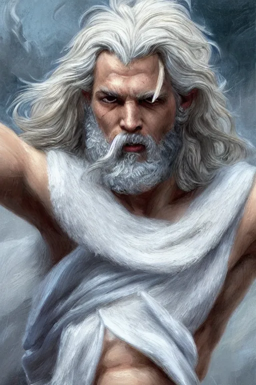 Image similar to painted portrait of rugged zeus, god of thunder, greek god, white hair, masculine, powerful, handsome, luxurious, upper body, white robe, muscular, hairy torso, fantasy, intricate, elegant, highly detailed, digital painting, artstation, concept art, smooth, sharp focus, illustration, art by gaston bussiere and artgerm