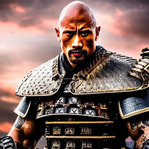 Prompt: asian dwayne johnson as a noble samurai paladin in shining armor, intricate fractal armor, cinematic, studio photography, high detail, ultra high detail, 4 k, hdr, 8 k