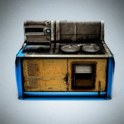 Image similar to an old, filthy, broken, 1960s-era, retro device, made of brushed steel, for displaying recipes, digital pong screen, set on an old, rusty, retro, kitchen counter, in a retro diner, dramatic constrasting light, blue lumionous mysterious lighting, redshift render, but as high contrast photography, featured on behance, golden ratio, f32, well composed, cohesive, from the show X-Files