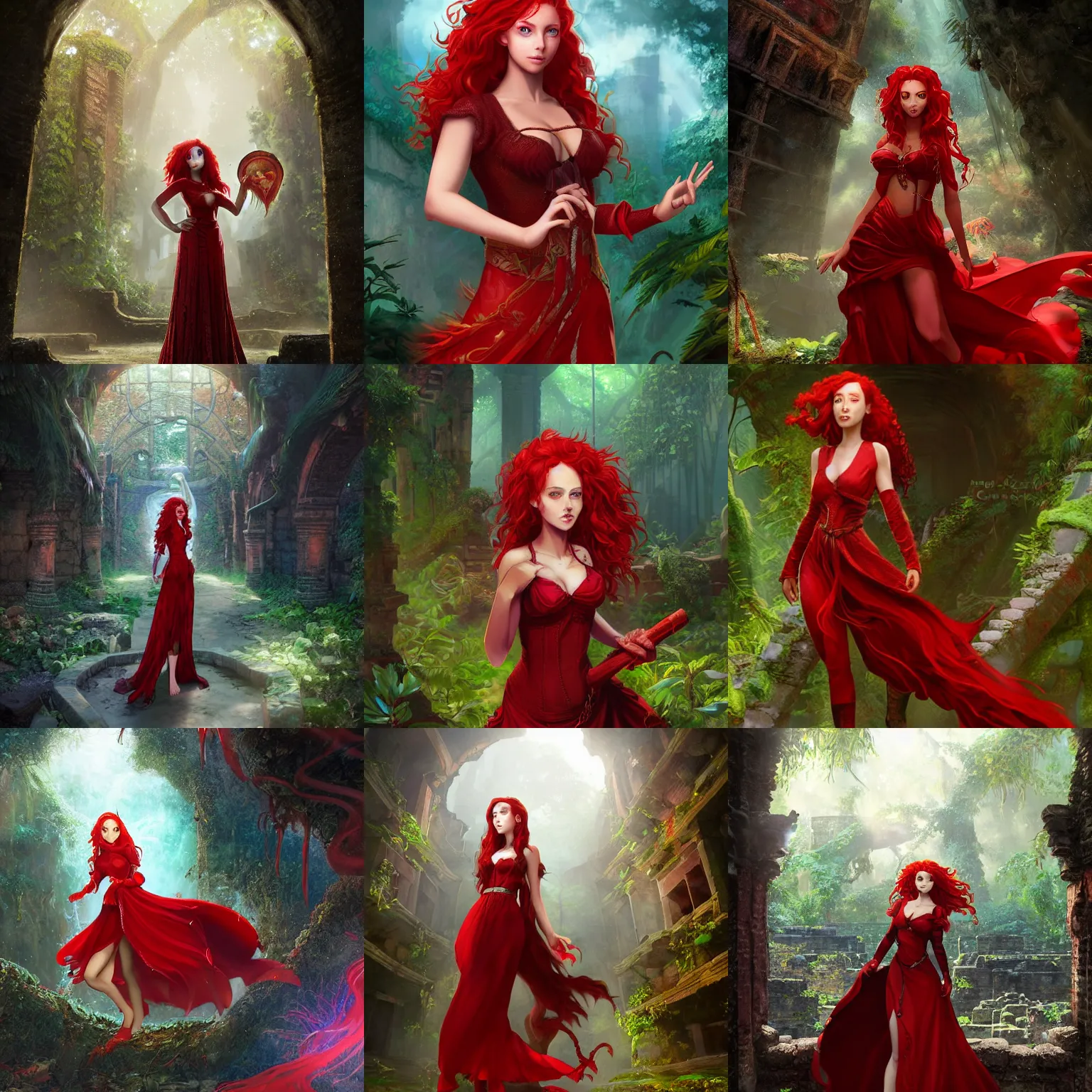 Prompt: portrait of a female draconic sorceress with curly red hair wearing a red dress and a red coat exploring the ruins of an abandoned maya city in the jungle, fantasy, character design by charlie bowater, ross tran, artgerm, and makoto shinkai, detailed, soft lighting, rendered in octane