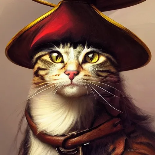 Image similar to Portrait of a Cat wearing a Pirate hat, photo, highly detailed oil painting, photorealistic, highly detailed, digital painting, artstation, concept art, smooth, sharp focus, illustration, art by artgerm and greg rutkowski and alphonse mucha