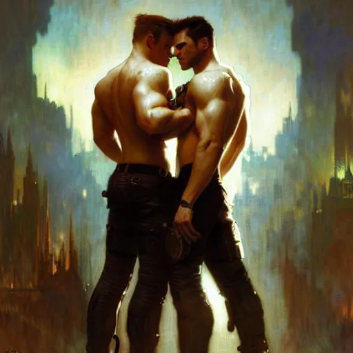 Prompt: back tattoo of albert wesker and chris redfield, by gaston bussiere, craig mullins, greg rutkowski, alphonse mucha