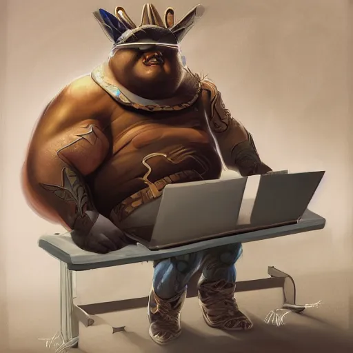 Image similar to a insanely detailed painting of a slightly overweight man wearing a homemade superhero costumed, sitting at a computer desk, nervously and clicking on the mouse, in the style of peter mohrbacher, dramatic lighting and composition, trending on artstation, concept art, comic book