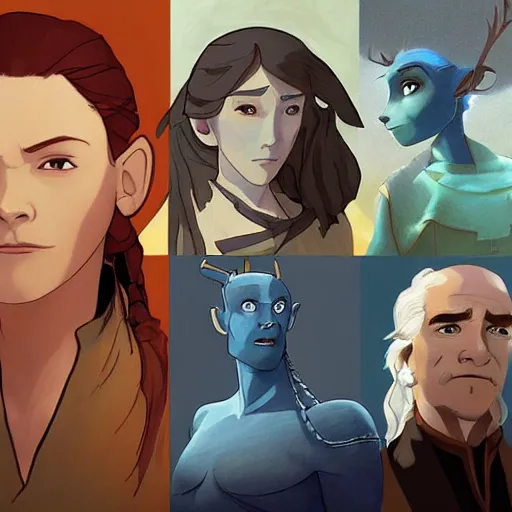 Prompt: a cinematic portrait of characters from Avatar The Last Airbender, Klaus film, digital painting, artstation, concept art, illustration, Frozen II art masterpiece by art by Krenz Cushart, Artem Demura, alphonse mucha, yoji shinkawa, ArtGerm, Jon Lothian, Danilo Torres, Adi Meyers, Thomas Reimann, Gaston Bussiere