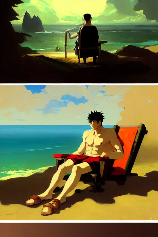 Image similar to baroque oil painting of anime key visual concept art of doom guy relaxing in a beachside resort, acrylic painting, trending on pixiv fanbox, palette knife and brush strokes, style of makoto shinkai jamie wyeth james gilleard edward hopper greg rutkowski studio ghibli genshin impact