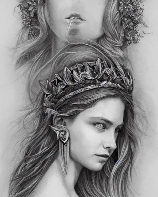 Image similar to pencil drawing of the very beautiful greek goddess aphrodite wearing a laurel wreath with arrowhead earrings, piercing eyes, beautiful flowing hair, hyper realistic face, in the style of greg rutkowski, fantasy, amazing detail, epic, elegant, smooth, sharp focus, young