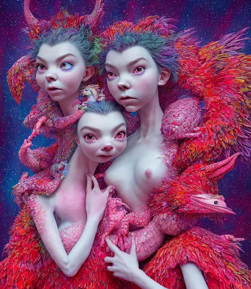 Image similar to hyper detailed 3d render like a Oil painting - kawaii portrait of two Aurora (a beautiful girl skeksis muppet fae princess protective playful expressive acrobatic from dark crystal that looks like Anya Taylor-Joy) seen red carpet photoshoot in UVIVF posing in scaly dress to Eat of the Strangling network of yellowcake aerochrome and milky Fruit and His delicate Hands hold of gossamer polyp blossoms bring iridescent fungal flowers whose spores black the foolish stars by Jacek Yerka, Ilya Kuvshinov, Mariusz Lewandowski, Houdini algorithmic generative render, golen ratio, Abstract brush strokes, Masterpiece, Edward Hopper and James Gilleard, Zdzislaw Beksinski, Mark Ryden, Wolfgang Lettl, hints of Yayoi Kasuma and Dr. Seuss, Grant Wood, octane render, 8k