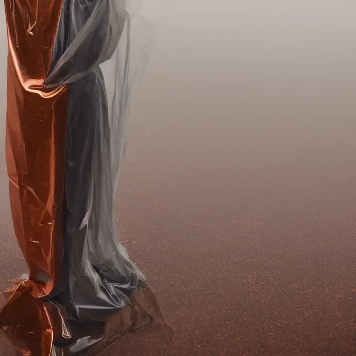 Prompt: a closeup portrait of a woman wrapped in plastic, standing next to a levitating copper triangle, in a foggy lake, color photograph, by vincent desiderio, canon eos c 3 0 0, ƒ 1. 8, 3 5 mm, 8 k, medium - format print