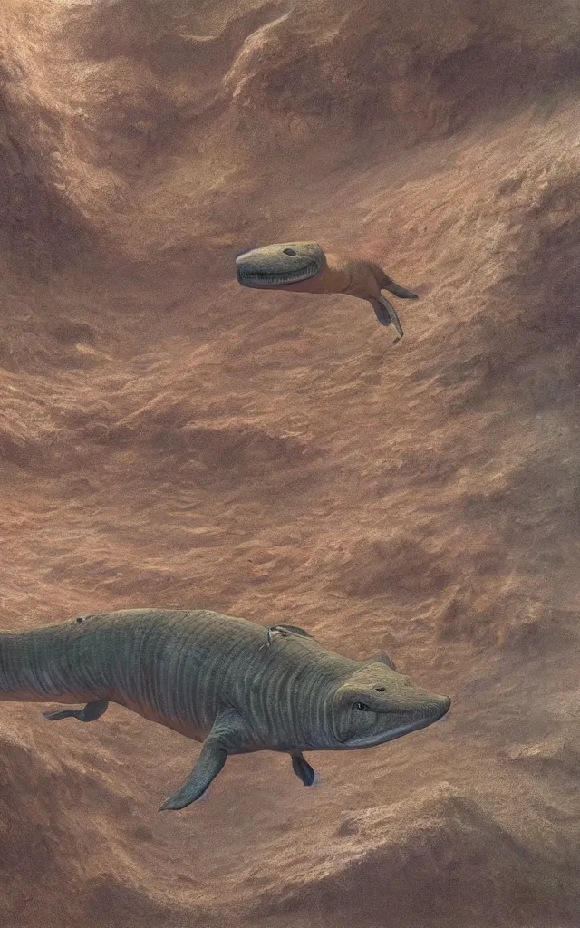 Prompt: a tiktaalik returning from the surface earth crust, realistic paleoart, masterpiece album cover