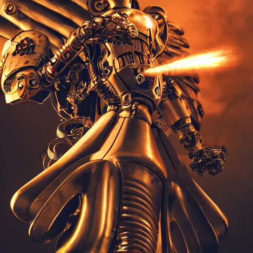 Image similar to a steampunk robotic angel with gun arms shooting, intense, extremely detailed, anime, sparks, clouds, sky, beautiful, sunny, copper, pipes, rusty, metal, cinematic lighting, sharp focus,