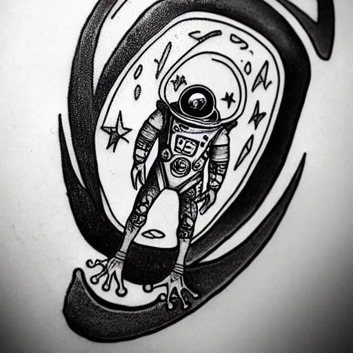 Prompt: old school, traditional style tattoo sketch of frog in a space suit in front of the mars drawn by sailor jerry, vic james, electric martina, heath clifford, kimi vera