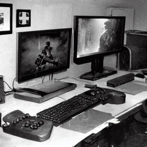 Prompt: ww 2 photograph of a pc gaming setup