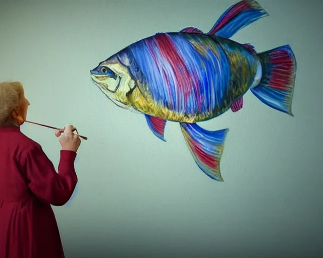 Image similar to an innocent and beautiful scene in hyper realistic style, about an old and lonely woman painting a huge colorful fish on the wall, and modeling a victorian dress. 4 k. wide angle. wild. red mouth, blue eyes. deep focus, lovely scene. ambient occlusion render. unreal engine.