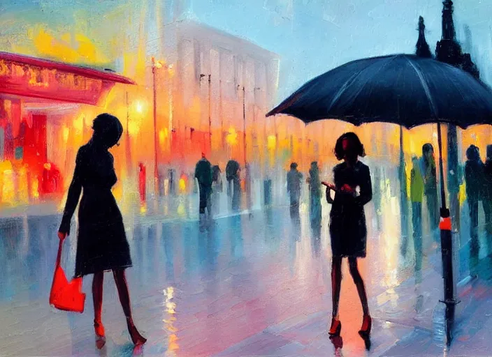 Image similar to evening city scene with height young woman holding an umbrella. beautiful use of light and shadow to create a sense of depth and movement. using energetic brushwork and a limited color palette, providing a distinctive look and expressive quality in a rhythmic composition