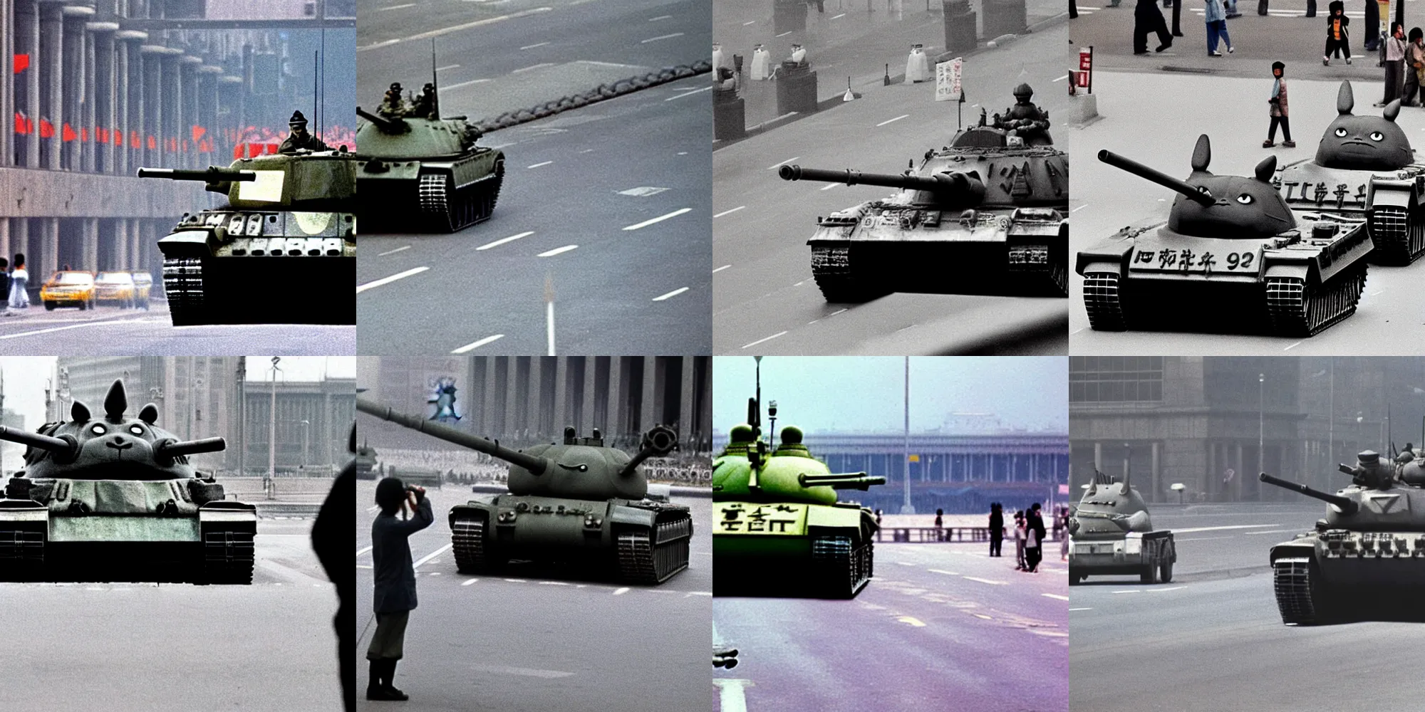 Prompt: A award winning photography 35mm photo of Totoro, standing bravely blocking a tank on the road in Tiananmen square, style of Tiananmen square tank man photo (1989)