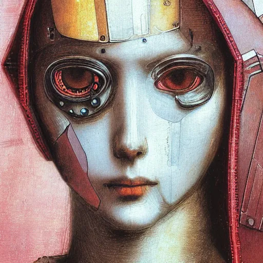 Image similar to a close - up portrait of a cyberpunk cyborg girl, by leonardo davinci