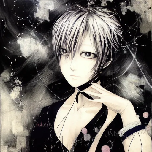 Image similar to Yoshitaka Amano realistic illustration of an anime girl with short white hair and black eyes wearing tuxedo, abstract black and white patterns on the background, noisy film grain effect, highly detailed, Renaissance oil painting