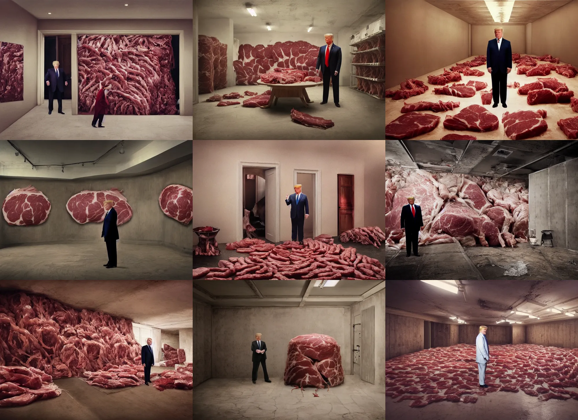 Prompt: medium shot of donald trump standing in room made of full of raw meat, butchery floor, cinematic focus, polaroid photo, vintage, neutral dull colors, soft lights, dramatic, by oleg oprisco, by thomas peschak, by discovery channel, by victor enrich, by gregory crewdson