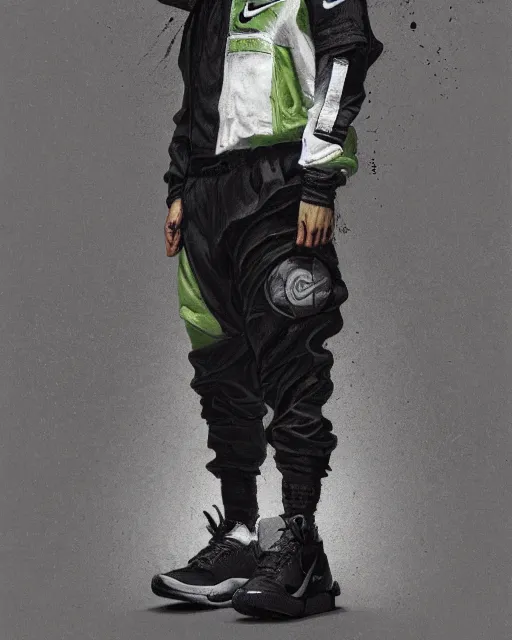 Image similar to Medium shot of a character wearing Nike ACG+Acronym P31-DS Pants in the style of greg rutkowski