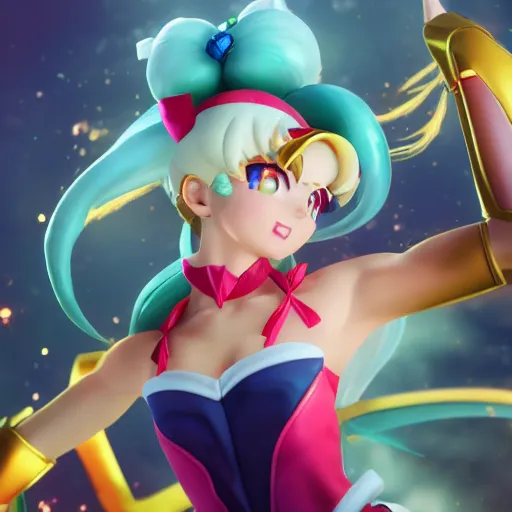 Image similar to beautiful render of Sailor moon (league of legends), 3d, octane render, realistic, highly detailed, trending on Artstation and Safebooru