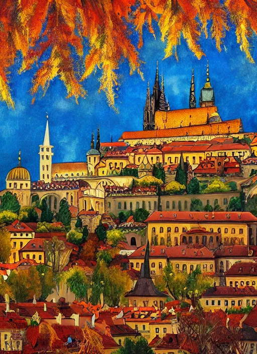 Image similar to painting of beautiful shot of Royal medieval European city like Prague mixed with Istanbul like Islamic architecture with greenery all around , autumn colors