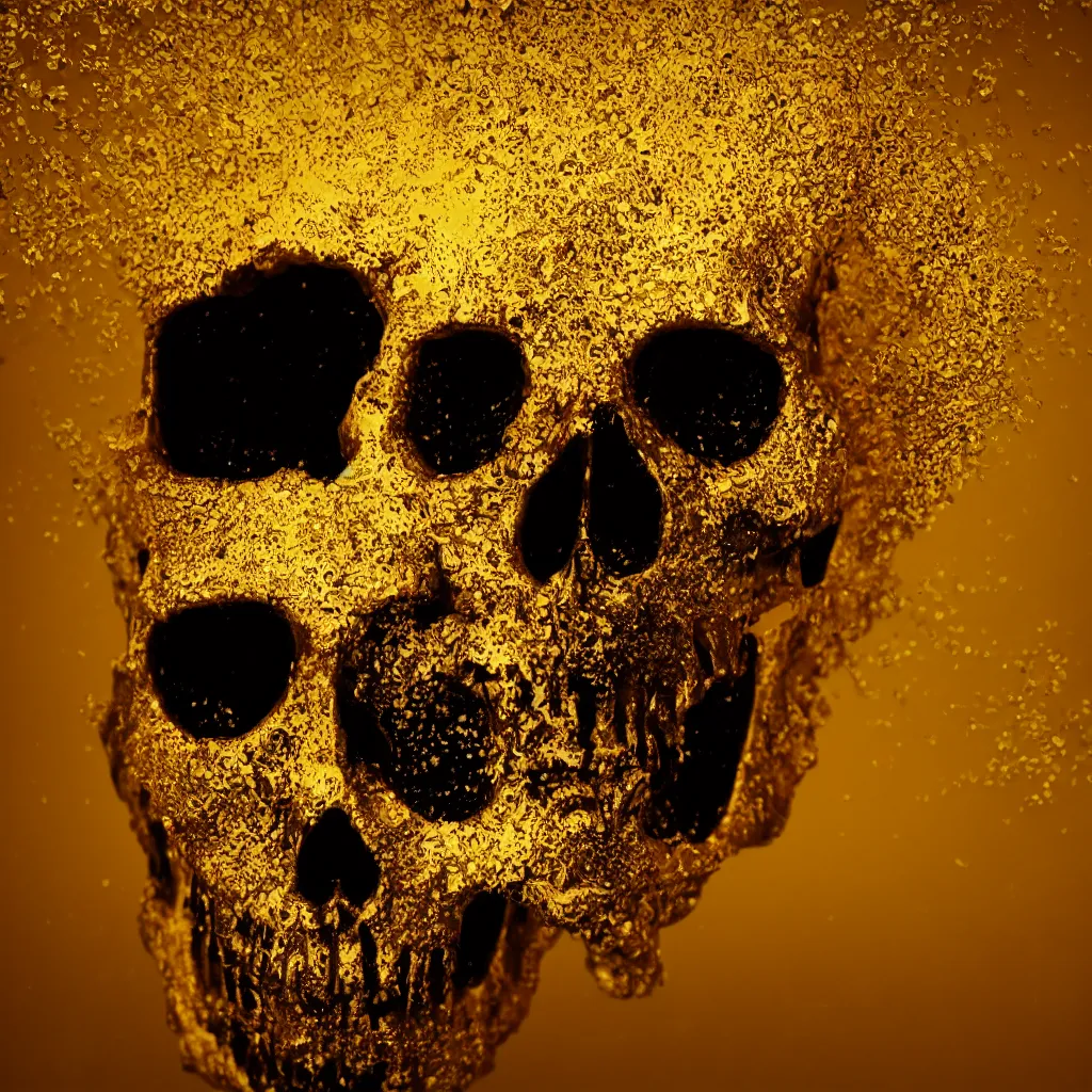 Image similar to black skull covered in thick dripping golden honey, white backdrop, professional studio product photography, HD render, octane render, VRAY, 8K, 4K