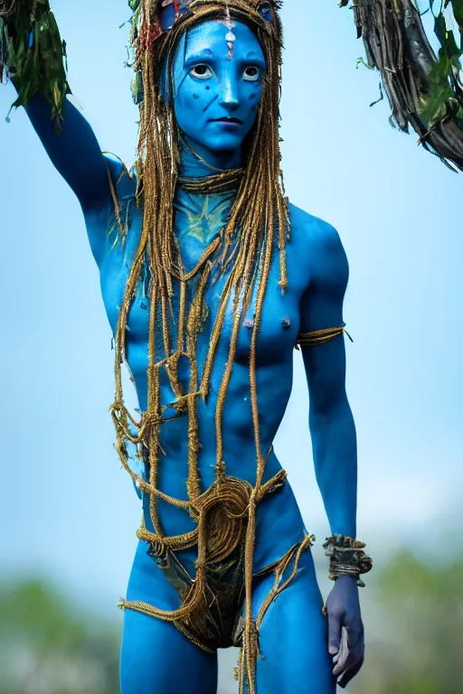 Image similar to a blue - skinned female navi from avatar wearing an elaborate outfit made out of shells wrapped in barbed wire suspended in the air between two trees, cosplay, body paint, high resolution film still, hdr color, movie by james cameron, clean composition, highly symmetric body parts, blue skin