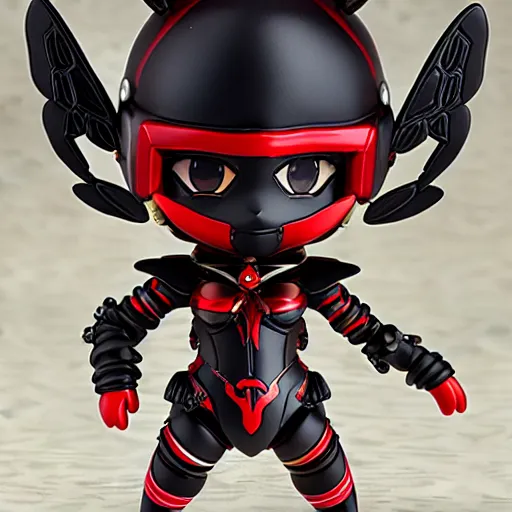 Image similar to photograph of cute bee nendoroid with themed black armor with crimson metal wings, portrait, hyperdetailed, artstation, cgsociety, 8 k, by tangerine dream