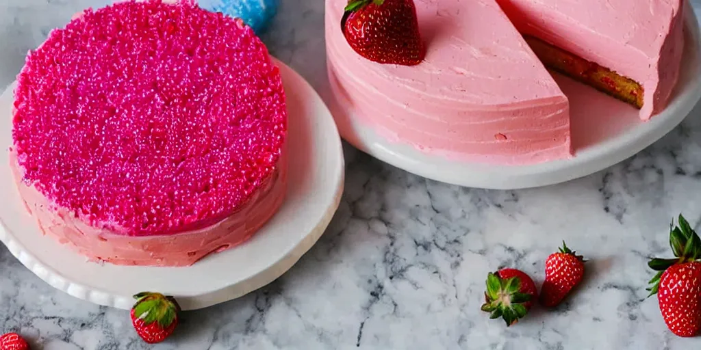 Image similar to hundreds of colorful pins stuck in a piece of pink strawberry cake