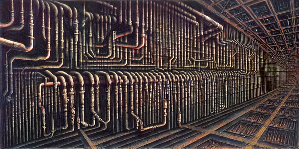 Prompt: a wall of pipes by thomas ligotti and wayne barlowe