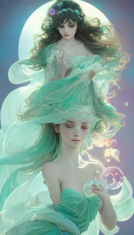 Image similar to portrait of magical girl, dreamy and ethereal, mint green eyes, peaceful expression, ornate frilly dress, fantasy, intricate, elegant, rainbow bubbles, highly detailed, digital painting, artstation, concept art, smooth, sharp focus, illustration, art by artgerm and greg rutkowski and alphonse mucha