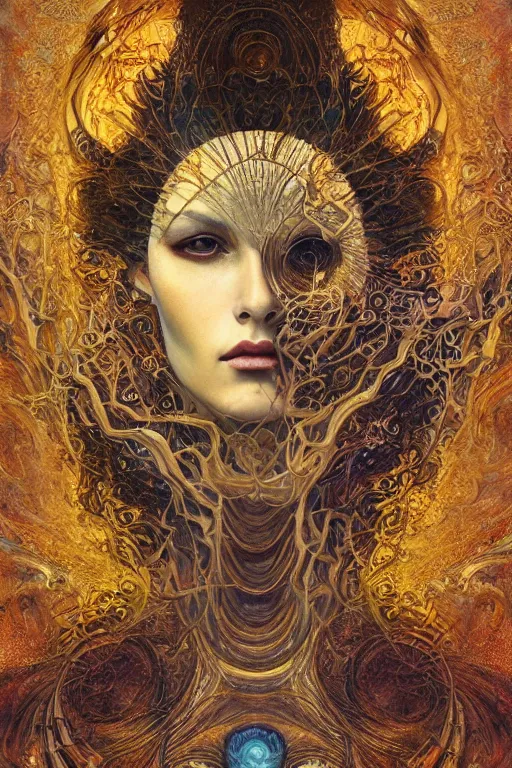 Image similar to Divine Chaos Engine portrait by Karol Bak, Jean Deville, Gustav Klimt, and Vincent Van Gogh, sacred geometry, visionary, mystic, fractal structures, ornate gilded medieval icon, spirals