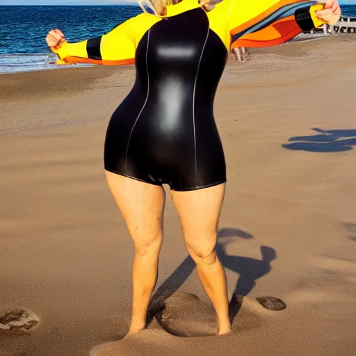 Prompt: photograph of a blonde woman in a wetsuit on the beach with a hugely inflated body. she's overinflated and about to burst.